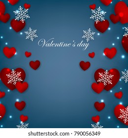 Happy Valentines Day background with red hearts on blue bakcground
