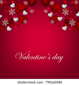 Happy Valentines Day background with red silver hearts snowflake on red background 14 february Lovely holiday Wedding invitation