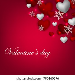 Happy Valentines Day background with red silver hearts snowflake on red background 14 february Lovely holiday Wedding invitation