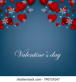 Happy Valentines Day background with red hearts on blue background