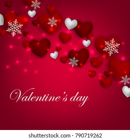 Happy Valentines Day background with red silver hearts snowflake on red background 14 february Lovely holiday Wedding invitation