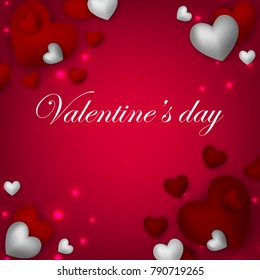 Happy Valentines Day background with red silver hearts snowflake on red background 14 february Lovely holiday Wedding invitation