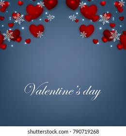 Happy Valentines Day background with red hearts on blue background