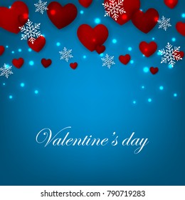 Happy Valentines Day background with red hearts on blue background