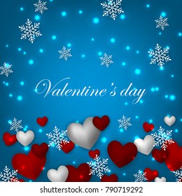 Happy Valentines Day background with red hearts on blue background