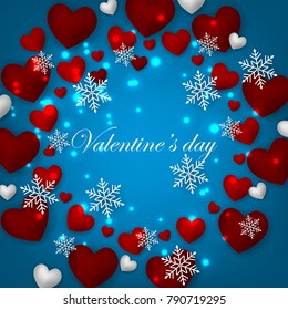 Happy Valentines Day background with red hearts on blue background