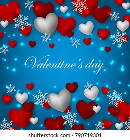 Happy Valentines Day background with red hearts on blue background