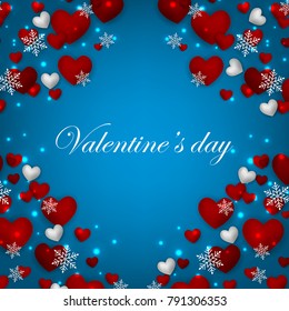 Happy Valentines Day background with red hearts on blue background