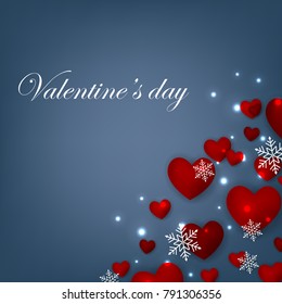 Happy Valentines Day background with red hearts on blue background