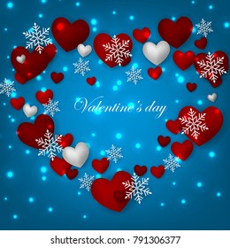 Happy Valentines Day background with red hearts on blue background