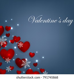 Happy Valentines Day background with red hearts on blue background