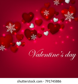 Happy Valentines Day background with red silver hearts snowflake on red background 14 february Lovely holiday Wedding invitation