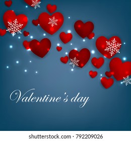 Happy Valentines Day background with red hearts on blue background