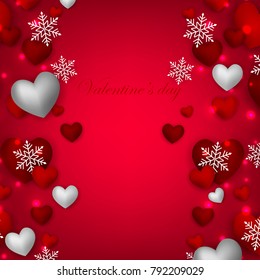 Happy Valentines Day background with red silver hearts snowflake on red background 14 february Lovely holiday Wedding invitation