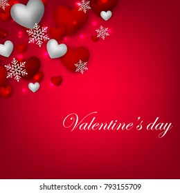 Happy Valentines Day background with red silver hearts snowflake on red background 14 february Lovely holiday Wedding invitation