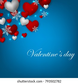 Happy Valentines Day background with red hearts on blue background