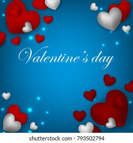 Happy Valentines Day background with red hearts on blue background