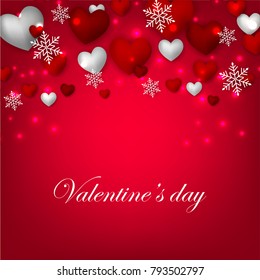 Happy Valentines Day background with red silver hearts snowflake on red background 14 february Lovely holiday Wedding invitation