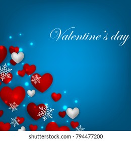 Happy Valentines Day background with red hearts on blue background