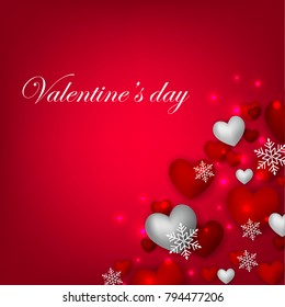Happy Valentines Day background with red silver hearts snowflake on red background 14 february Lovely holiday Wedding invitation