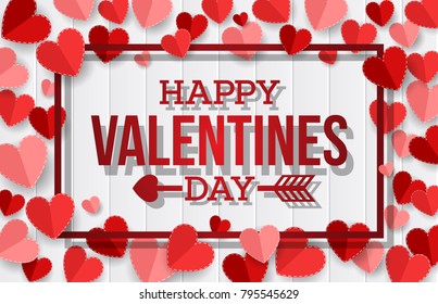 Happy Valentine's Day background. Red paper hearts on white paper wooden