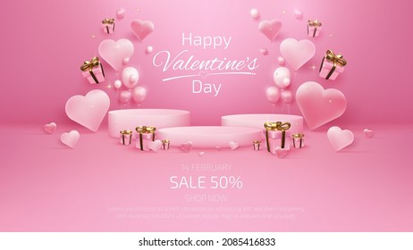 Happy valentine's day background with sale banner template with realistic 3d podium elements, gift box, balloons and ribbon with glitter light effects.