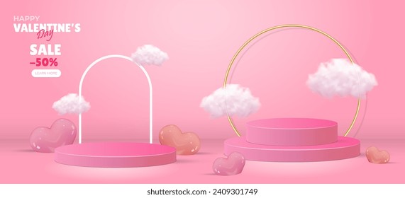 Feliz Día de San Valentín con plancha de banner de venta con elementos realistas de 3d podio, nube, corazones. Antecedentes del día de San Valentín. Ilustración del vector