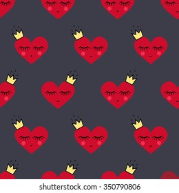 Happy Valentine's Day background. Seamless pattern with smiling sleeping hearts for Valentine's Day. Cute red hearts with crowns vector background.