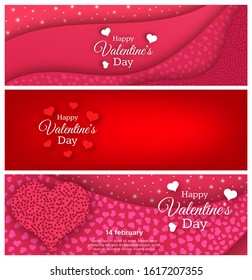 Happy Valentines Day Background. Set of three horizontal banners. Valentines day poster with red, white and pink hearts. Vector illustration.