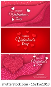 Happy Valentines Day Background. Set of three horisontal banners. Valentines day poster with red, white and pink hearts. Vector illustration.