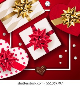 Happy Valentines day background. Set of beautiful romantic gift boxes in heart shape composition on red love background. Perfect for greeting card, shop banner. Give gifts to loved ones. Vector