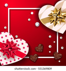 Happy Valentines day background. Set of beautiful romantic gift boxes in heart shape composition on red love background. Perfect for greeting card, shop banner. Give gifts to loved ones. Vector