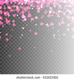 Happy valentines day background with shiny hearts, sparkles, bokeh effect, confetti, isolated layers and transparent background. De focused, illuminated, blurred, glittering elements, vector illustration. 