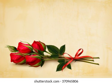 Happy Valentine's Day background. Single red roses on an old paper background. Vector.