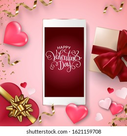 Happy Valentine's Day background with smartphone, gift box, hearts and bows. Handwritten letteting, festive banner, poster, vector.
