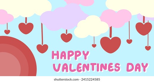 Happy valentines day background in the soft blue sky. Vector illustration, red heart, pastel clouds.