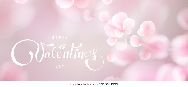Happy Valentine's day background with spring pink soft color rose flower blossom petals and lettering illustration
