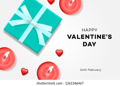 Happy Valentines day background, symbol of love, sweet turquoise gift box and candles, greeting card, vector illustration.