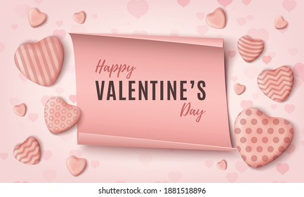 Happy Valentines Day background template with pink realistic candy hearts and paper banner. Background, brochure or poster template for web use or greeting cards. Vector illustration.