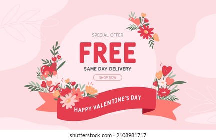 Happy Valentine's Day Background with a text box. Florist e-store banner decorated with flowers and leaves. Vector illustration for cover, invitation, card, advertising, poster.