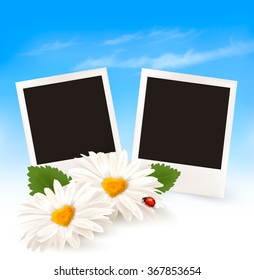 Fröhlicher Valentinstag-Hintergrund. Zwei Gänseblümchen und Fotos. Vektorgrafik.