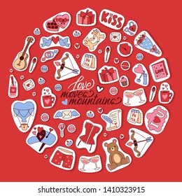 Happy Valentines day background vector illustration. Love moves mountains. Hearts, kisses, bear toys, gifts, sweets guitar cupcakes glasses of wine romatic letter stickers. 14th of Fabruary.