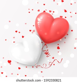 Happy Valentine's Day background. Vector illustration with realistic pink and white air balloons and confetti on white background. Holiday gift card.