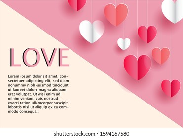 Happy Valentine's Day background. Vector illustration. 3d red and pink Paper elements in shape of heart flying on pink background. symbols of love