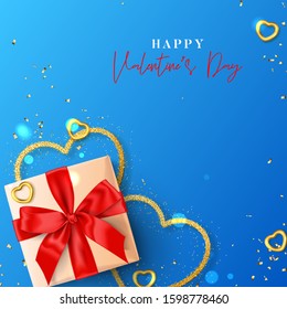 Happy Valentine's Day background. Vector illustration with realistic gift box, gold hearts and confetti on blue background. Holiday gift card, festive greeting banner.