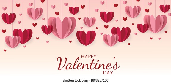 Happy Valentines Day Background Vector Illustration. Happy Valentine's Day message red and pink hearts on a pink background. Hearts in paper cut style.