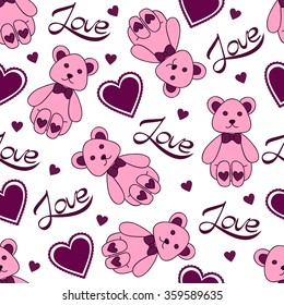 Happy Valentines Day background. Vector illustration with teddy-bear, heart and love lettering.