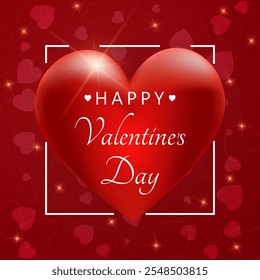 Happy Valentines Day background with vibrant red heart and lettering. Template for Valentines Day greeting card design. Vector illustration.