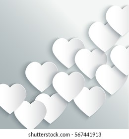 Happy Valentines Day Background with white paper hearts on grey background. Vector design for your cards, flyers, brochures, posters, banners etc. Vector holiday design 