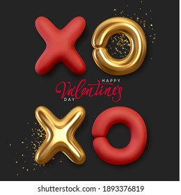 Happy valentine's day. Background with Xo Xo, symbolic notation for hugs and kisses. Realistic 3d metal symbols. Stylish banner, holiday poster template for social media, flyer and brochure cover.